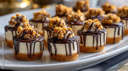 Mini Individual Cheesecakes with Chocolate Drizzle on White Platter