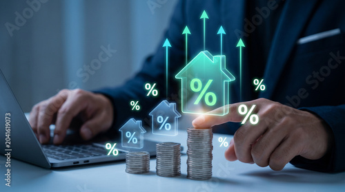 Holographic Real Estate Investment Icons Display Rising Interest Rates with House Symbols and Coin Stacks on Desk to Compare Property Values, Analyze Market Trends, Calculate Mortgage Options