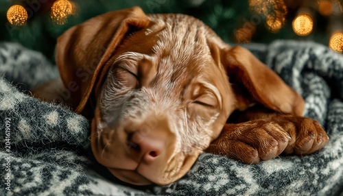 Sleeping puppy curled up near decorated Christmas tree, cozy living room setting