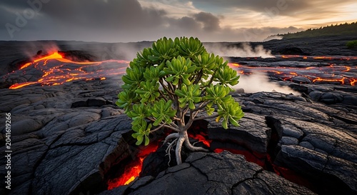 Resilient Green Tree Growing on Cracked Volcanic Lava Field at Sunset