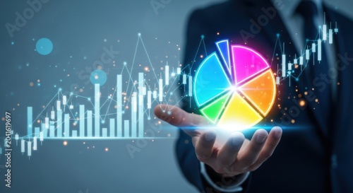Businessman holding a glowing digital pie chart and financial market graph, representing business growth and data analysis