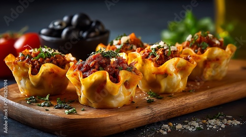 Mini Lasagna Cups with Meat Sauce and Cheese on Wooden Board