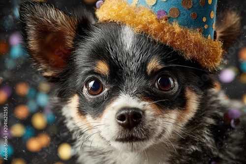 Small chihuahua dog wearing New Year's hat with confetti flying, black festive background