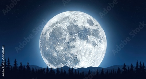 Full moon rising over a dark forest landscape with silhouette pine trees against a deep blue starry night sky