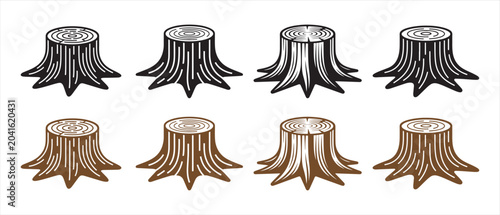 Tableau sur toile Set of eight tree stumps in different styles and colors including sketch and flat design icons