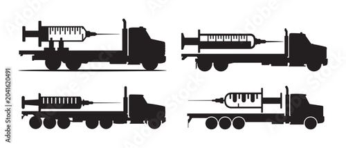 Canvas-taulu Black silhouette icons of trucks transporting medical syringes for vaccine delivery and healthcare logistics