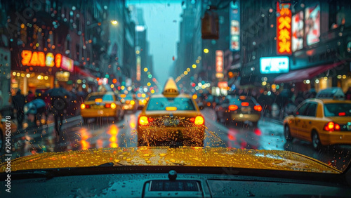 Vibrant city street during rain at night, bustling urban traffic creating dynamic reflections. Yellow taxi on wet road, lively metropolitan scene