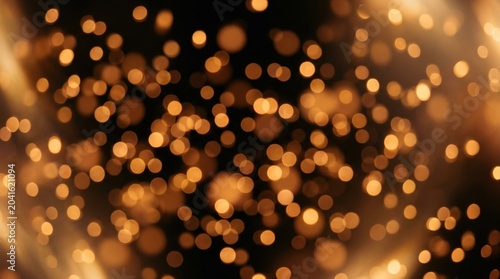 Golden bokeh lights on black background, festive abstract texture