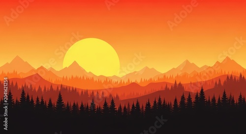 Vector landscape with silhouettes of coniferous forest and mountains at sunset