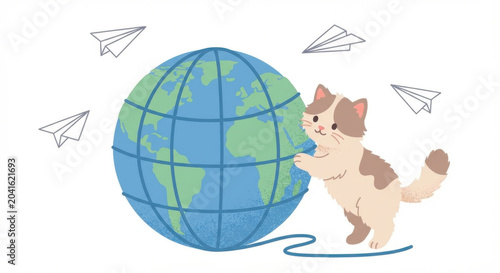 Charming fluffy cat joyfully embraces large globe, representing global communication and digital connection, with paper airplanes soaring