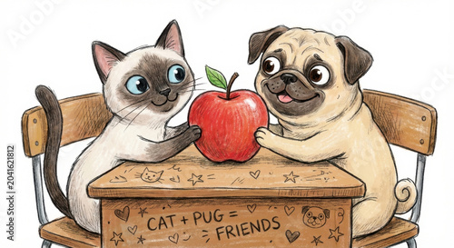 Happy cartoon cat and pug dog, animal friends, smile while sharing red apple at wooden school desk, learning in classroom