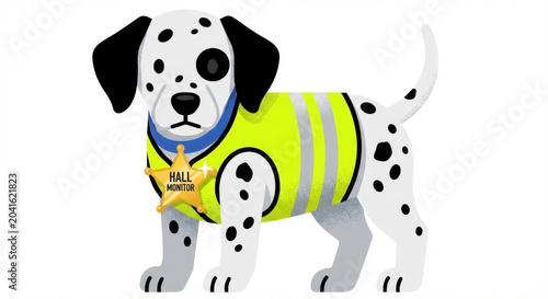 Alert dalmatian puppy, serious pet dog, wears reflective vest and star badge, showing attentive expression