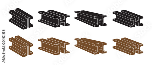 Fotografie Set of black and brown metal i-beam structural steel icons in isometric view for construction and architecture design