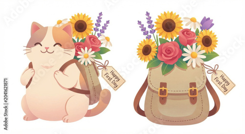 Joyful cartoon cat pet with happy smile carrying brown backpack full of vibrant flower illustration including sunflower, rose, daisy, lavender