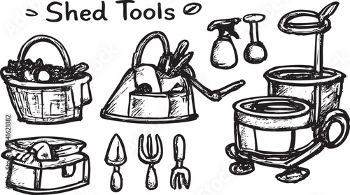 Tableau sur toile Hand-painted whiteboard marker illustration collection featuring shed tool inclu