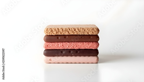 A stack of colorful ice cream sandwiches on a white background