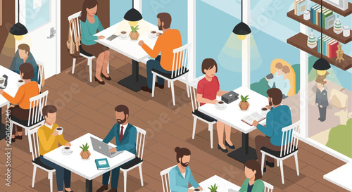 People enjoying coffee break in a modern, bright cafe, isometric view