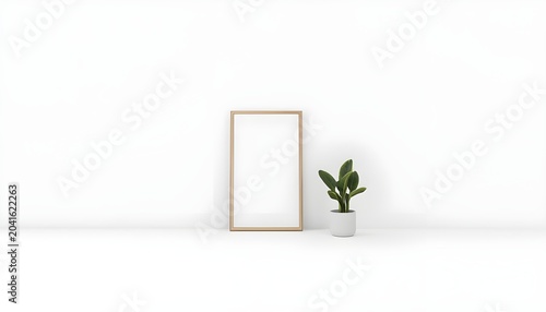 A minimalist interior design with a gold picture frame and a small potted plant on a white background