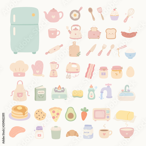 Cute pastel kitchen and cooking clipart set with appliances, utensils, drinks, and food icons