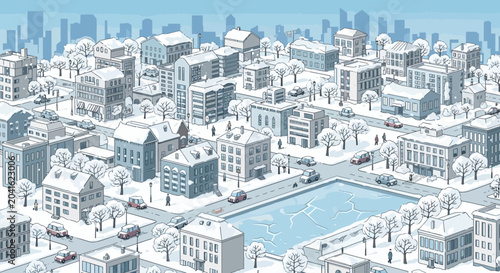 Canvastavla Winter city scene with snow covered buildings, trees and frozen pond
