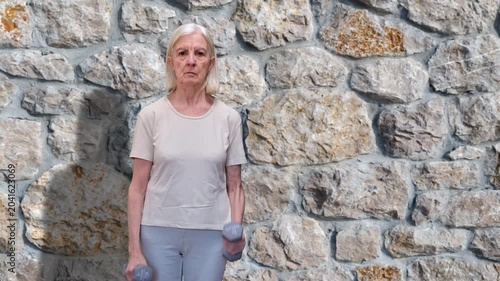 Senior Woman Exercising with Dumbbells Standing Against Stone Wall  