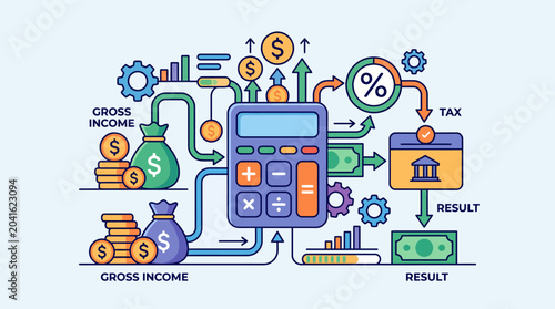Photos Calculator with financial symbols and graphs.