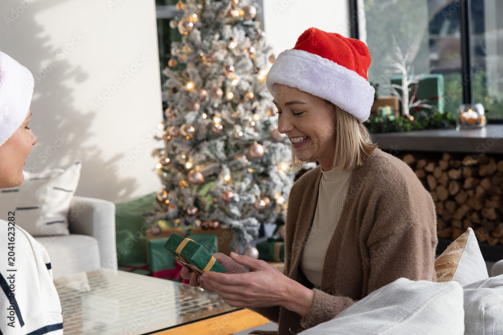 Obraz premium Female friends wearing Santa hats exchanging green gift while sitting on sofa near tree