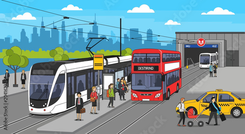 Fotografie Urban public transport hub with tram, double-decker bus, taxi, and subway station