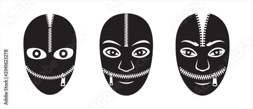 Fotografie Three black head silhouettes with zippers on eyes and mouth representing silence and secrets