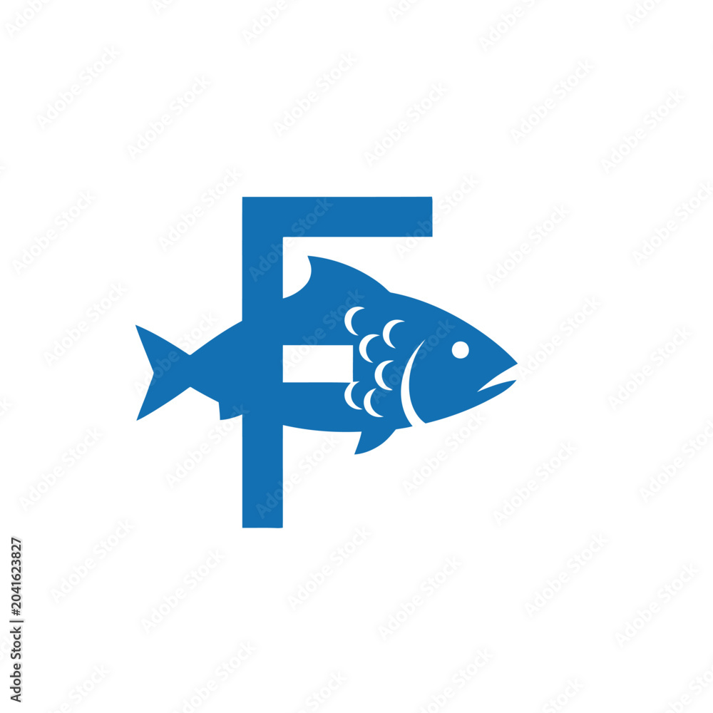 Obraz premium Blue letter F logo integrated with fish silhouette.
