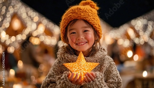 Smiling child holding a glowing star lantern during festival night, joyful celebration