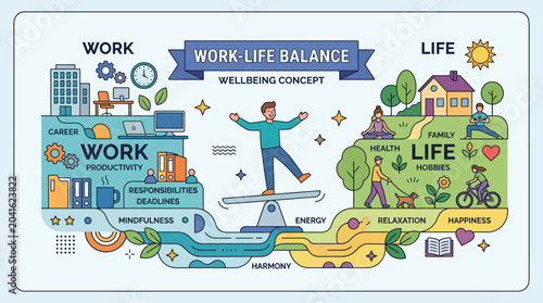 Man Balancing Work Life on Seesaw.