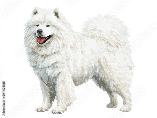 Fluffy White Samoyed Dog Standing Alertly with Mouth Open and Tongue Out on White Background