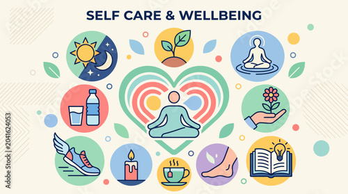 Self care and wellbeing concept icons.