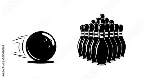 Black Bowling Ball Rolling Toward Pins on White Background