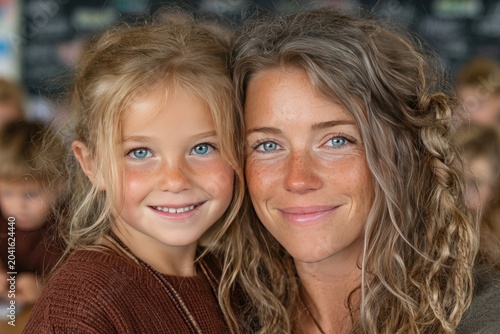 Smiling child with teacher, class group photo on the last day of school, joyful classroom scene