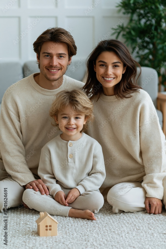 Fototapeta premium Young family smiling and sitting in cozy living room