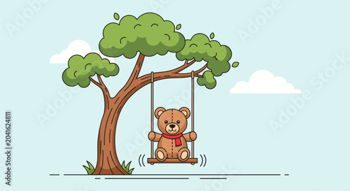 Cute cartoon teddy bear sitting on a swing attached to a tree.