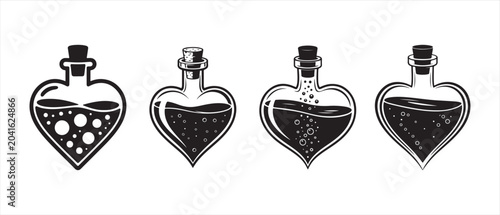 Foto Set of four heart shaped glass potion bottles with liquid and bubbles for love and magic concept
