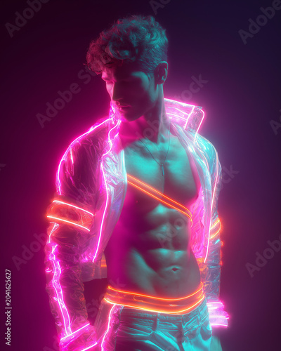Muscular Man Wearing Transparent Neon LED Jacket Under Pink and Blue Studio Lighting