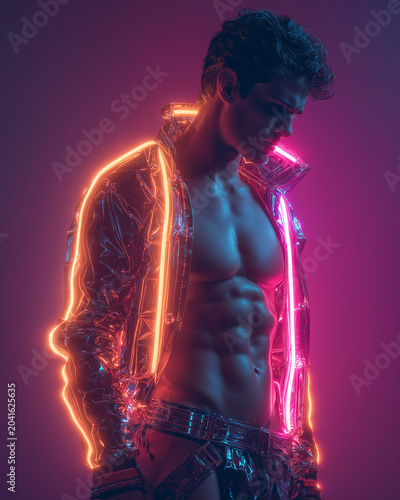 Muscular Man Wearing Transparent Neon LED Jacket Under Pink and Blue Studio Lighting