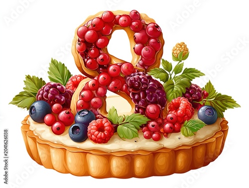 Delicious dessert with fresh berries and number 8 decoration