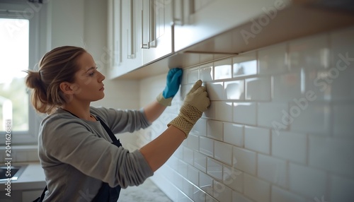 Young woman installing white subway tiles on a kitchen backsplash, wearing work gloves and casual clothing while carefully placing a tile under the cabinets