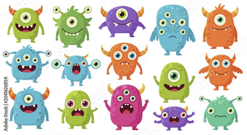 Collection of colorful cartoon monsters with various eyes and expressions.