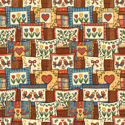 Pattern Vector Decorative Cushions with Floral and Bird Motifs in Folk Art Style