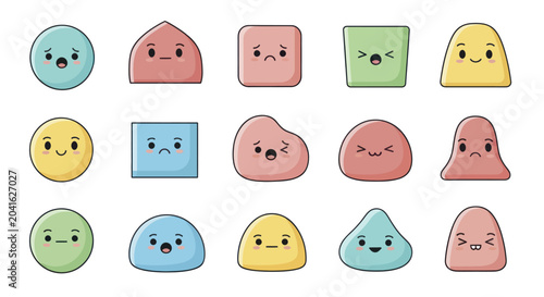 Collection of Cute Cartoon Faces with Various Shapes and Expressions.