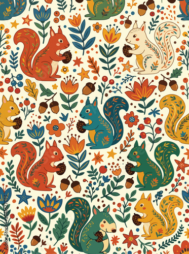 Colorful Vector Pattern with Squirrels and Floral Elements in Organic Style for Nature Themed Design