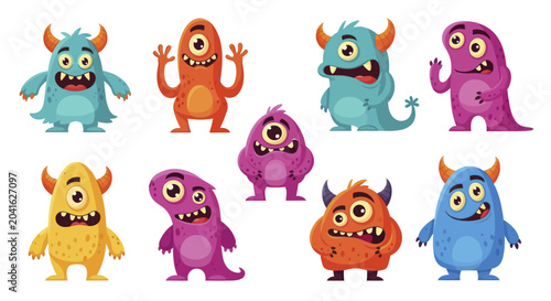 Foto Collection of Cute Cartoon Monsters with One Eye and Horns.