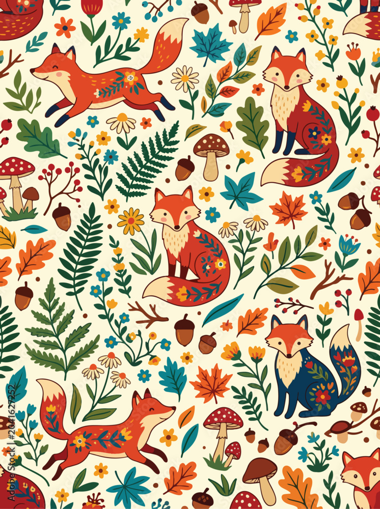 Obraz premium Pattern Vector Illustration with Foxes and Botanical Elements in Modern Folk Style with Warm Autumn Colors