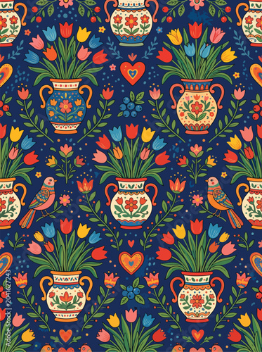 Pattern Vector Illustration with Floral Vases Birds and Hearts in Folk Style
